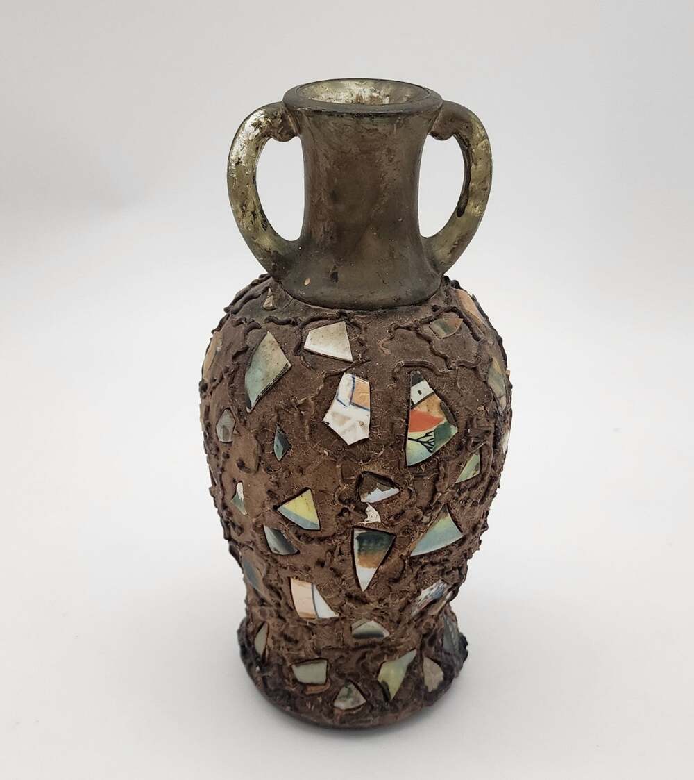 Vintage Folk Art Tramp Art Memory Jar Vase with Handles & Pottery Shards 9"